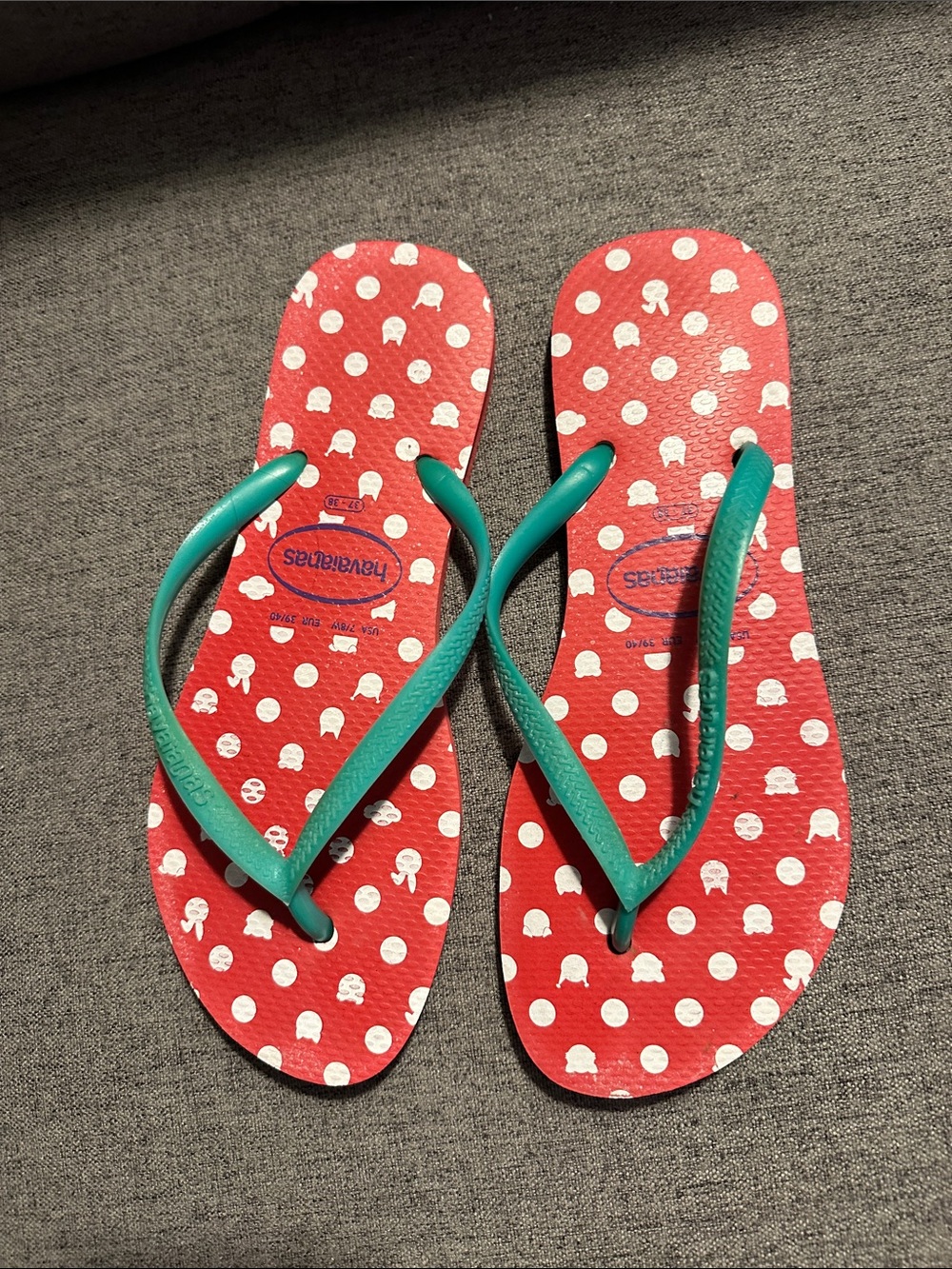 Havaianas Red Polka Dot Flip Flops with Teal Straps